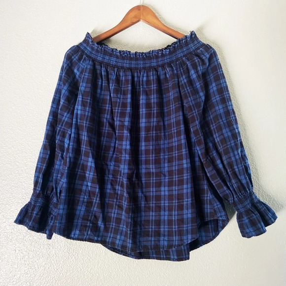 Boho Chic Gingham Top Oversize Plaid Ruffle Flannel Size Small Off The Shoulder - Picture 1 of 10